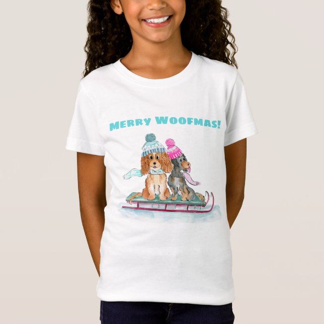 T-Shirt Aquarelle de Noël King Charles Spaniers traîneau (Devant)