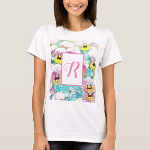 T-shirt Aquarelle de pensées roses avec monogramme personn