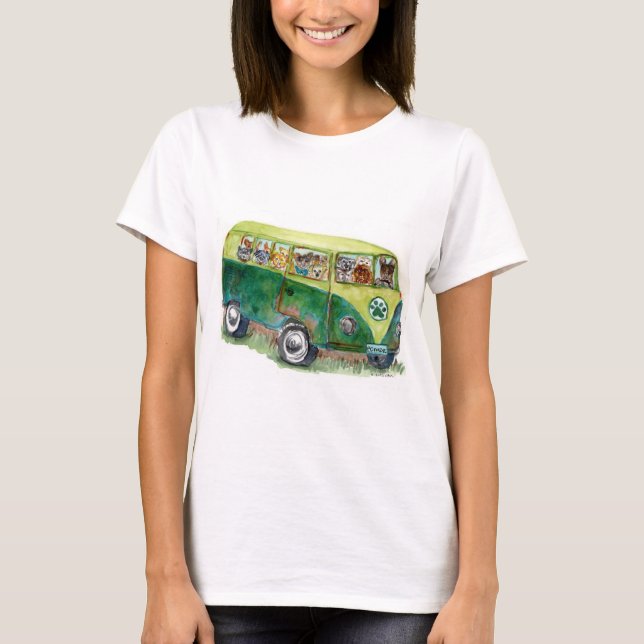 T-shirt aquarelle du vieux bus rempli de chiens POMDR adop (Devant)