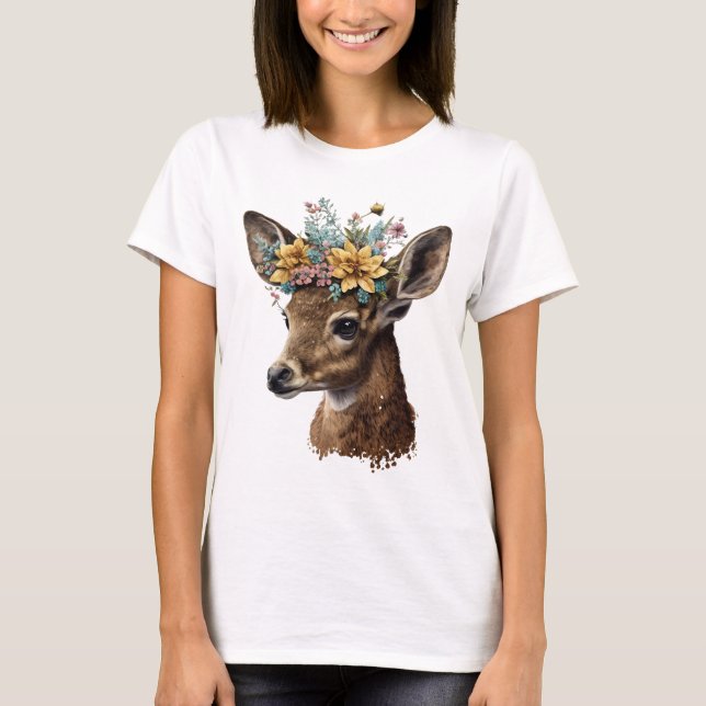 T-shirt Aquarelle fine cerf floral (Devant)