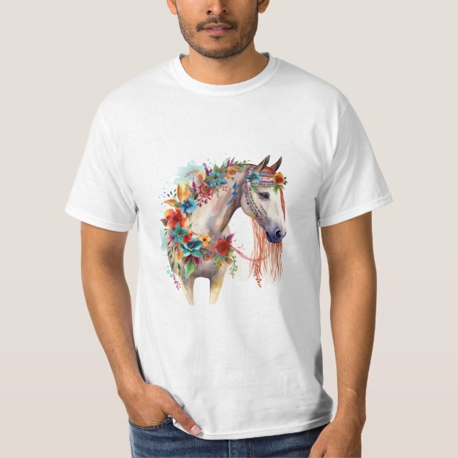 T-shirt Aquarelle Fleur Boho Horse Pastel (Devant)