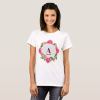 Aquarelle Fleurs roses Circle Wreath Monogramme