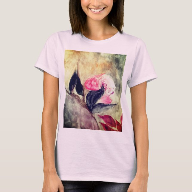 T-shirt Aquarelle Fleurs roses Feuilles noirs Abstraits (Devant)