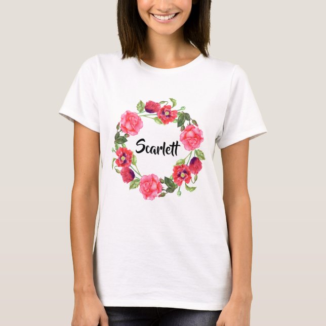 T-shirt Aquarelle Fleurs rouges et roses Design de courroi (Devant)