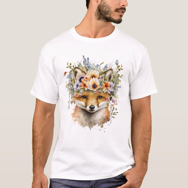 T-shirt Aquarelle Floral Fox Cute (Devant)