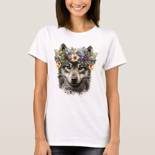 T-shirt Aquarelle Floral Wolf (Devant)