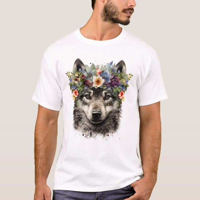 T-shirt Aquarelle Floral Wolf (Devant)