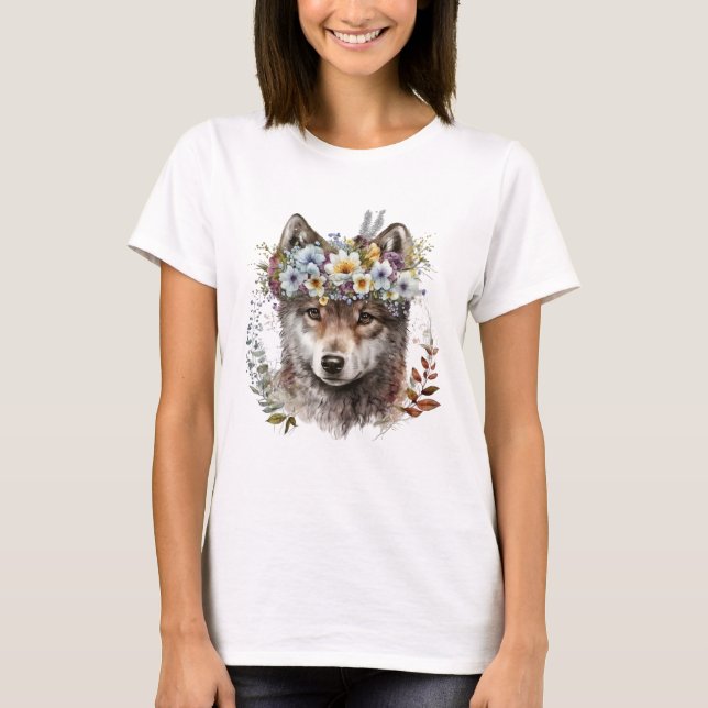 T-shirt Aquarelle Floral Wolf (Devant)
