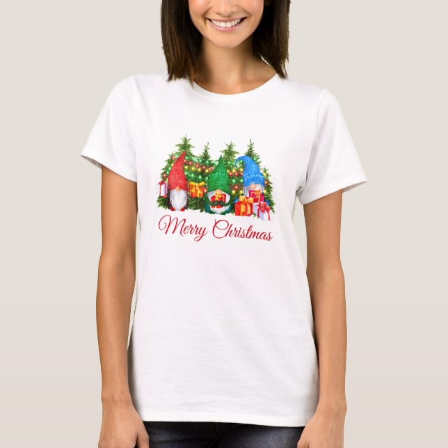 T-shirt Aquarelle Gnomes Rouge Joyeux Noël W (Devant)