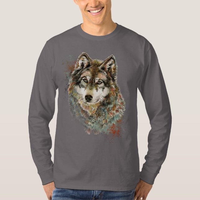 T-shirt Aquarelle Gris Loup Faune Animal Nature Art (Devant)