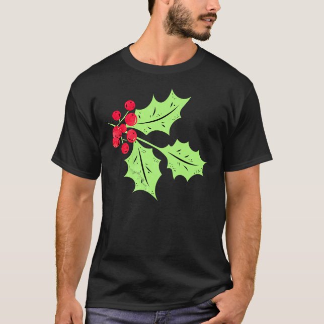 T-shirt Aquarelle Holly Feuilles et baies (Devant)
