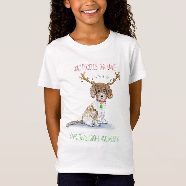 T-Shirt Aquarelle Labradoodé Lumières de Noël Antlers (Devant)