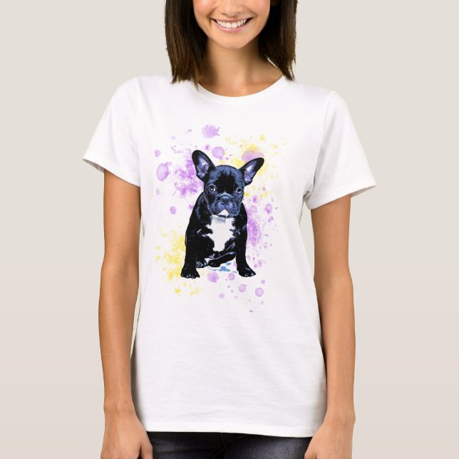 T-shirt Aquarelle mignonne de bouledogue français noire (Devant)