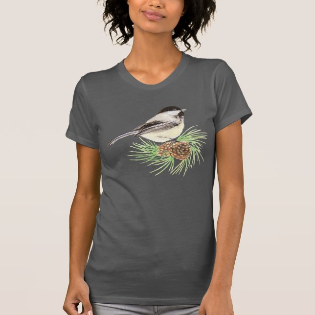 T-shirt Aquarelle mignonne Pickadee Bird Pine Tree (Devant)