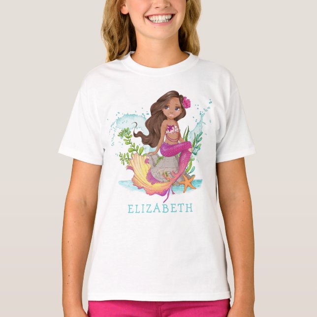 T-shirt Aquarelle mignonne rose Brown sirène Anniversaire (Devant)