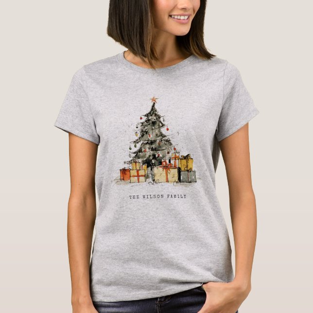 T-shirt Aquarelle moderne Sketchy Cadeaux de Noël Arbre (Devant)
