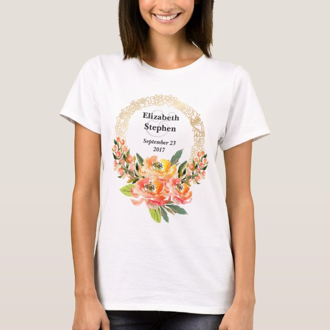 T-shirt Aquarelle orange et rose Mariage floral (Devant)