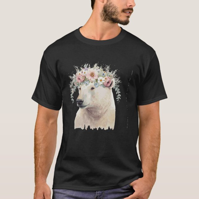 T-shirt Aquarelle Ours Polaire Fleur Couronne Boho Aesthét (Devant)
