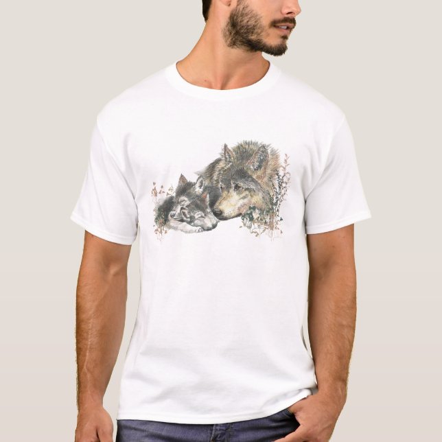 T-shirt Aquarelle Père Wolf & Cubs Animal Art (Devant)