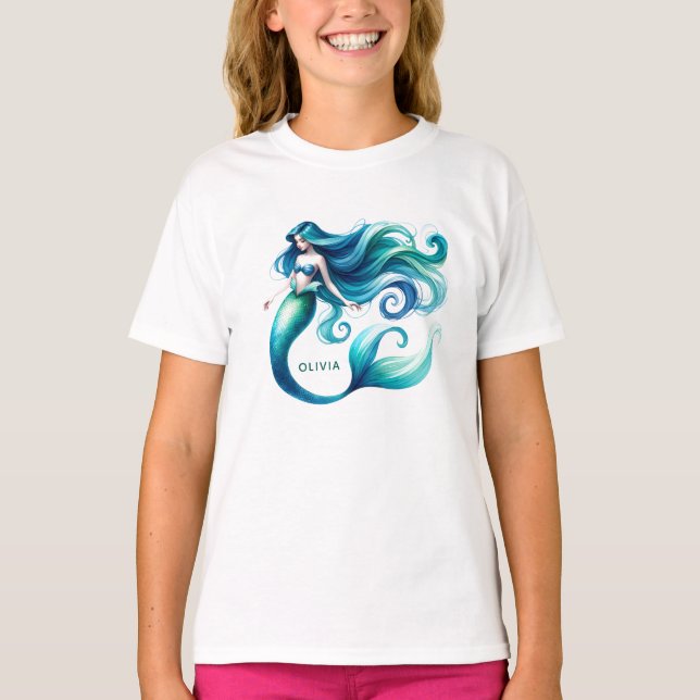T-shirt Aquarelle personnalisée Sirène personnalisée fille (Devant)