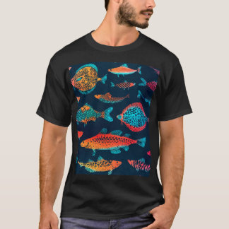 T-shirt Aquarelle Poissons : Bleu Profond Sans Mer