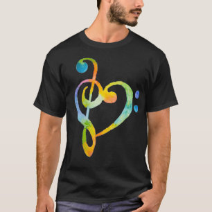 T-shirt Aquarelle Rainbow Heart Bass Clef Musical Note