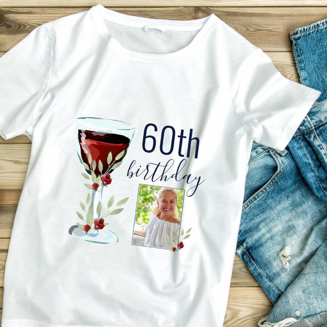 T-shirt Aquarelle Rose de vin rouge Photo 60e anniversaire (Créateur téléchargé)