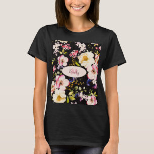 T-shirt Aquarelle rose Roses jaunes sur noir, Monogramme