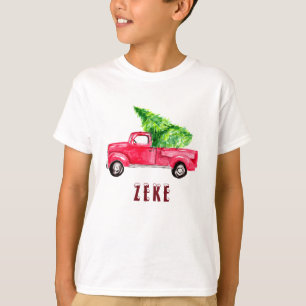 T-shirt Aquarelle Rouge camion ramassage de Noël Arbre Cut