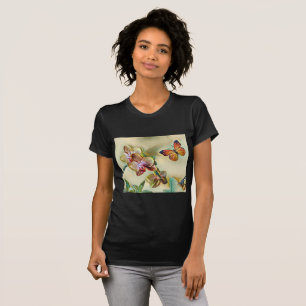 T-shirt Aquarelle vintage Fleurs d'orchidée rose jaune