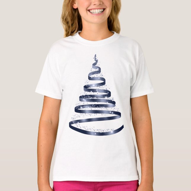 T-shirt Arbre à ruban bleu brillant de Noël (Devant)