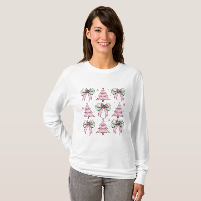 T-shirt Arbre Bow Xmas Coquette Rose (Devant entier)