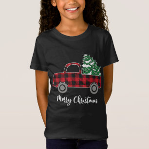 T-Shirt Arbre de Noël Camion Rouge Buffalo Plaid Funny Tee