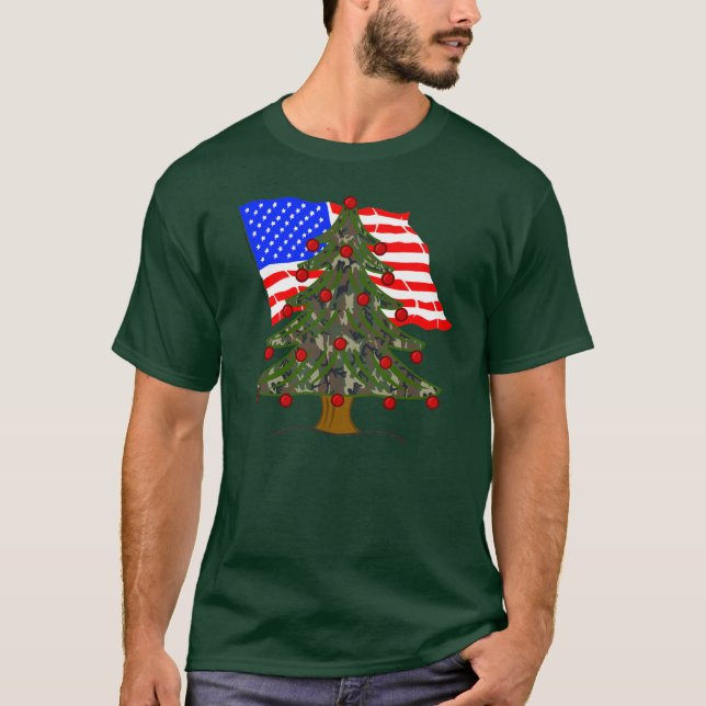 T-shirt Arbre de Noël Camouflé Vert Avec Drapeau Américain (Devant)