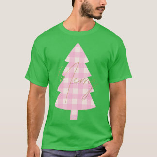 T-shirt Arbre de Noël joyeux à carreaux roses
