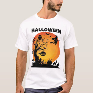 T-shirt Arbre effrayant Halloween Sorcière volante Lune or