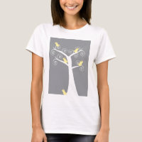Arbre Fantaisiste avec Oiseaux Jaunes Gris