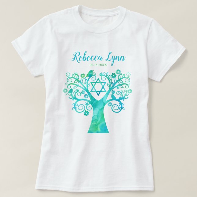 T-shirt Arbre vert turquoise d'aquarelle de bat mitzvah de (Design devant)