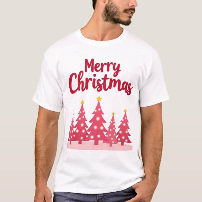 T-shirt Arbres de Noël roses modernes 'Joyeux Noël' (Devant)