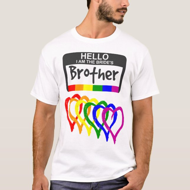 T-shirt Arc-en-ciel Coeurs Mariée Frère Nom Badge (Devant)