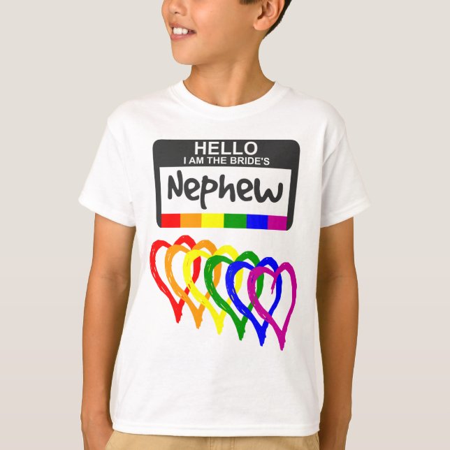 T-shirt Arc-en-ciel - Coeurs Mariée Nephew - Nom Badge (Devant)