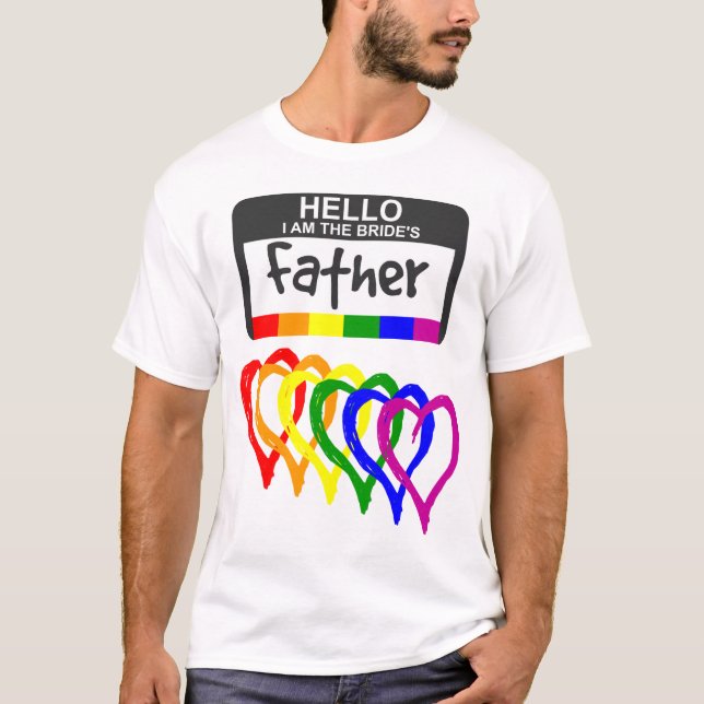 T-shirt Arc-en-ciel Coeurs Mariée Nom du père Badge (Devant)