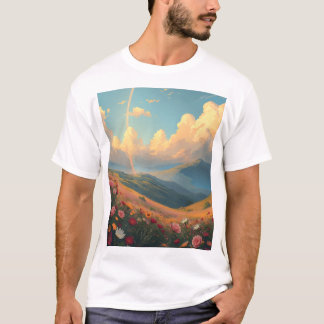 T-shirt Arc-en-ciel sur champ de fleurs