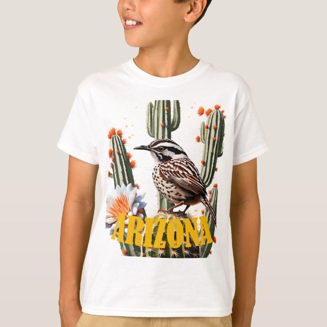 T-shirt Arizona Cactus Wren Entouré De Cactus Blossom (Devant)