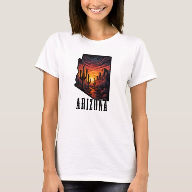 T-shirt Arizona State Tattoo Style Desert Sunset $ Cactus (Devant)