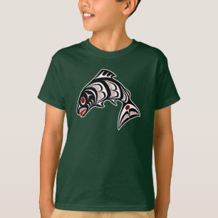 T-shirt Art de Haida Rouge Noir Blanc Saumon Amérindien