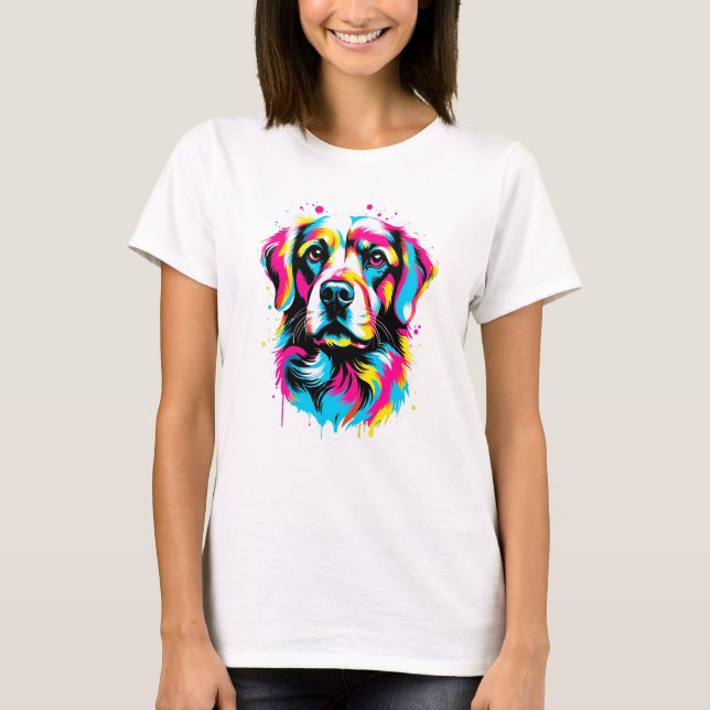T-shirt Art de la pop de chien, éclat d'encre coloré (Devant)