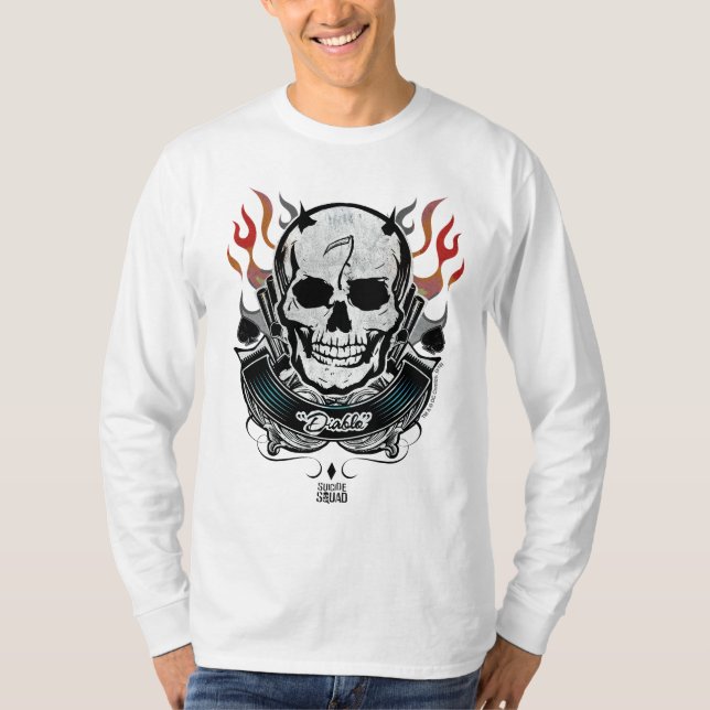 T-shirt Art de tatouage de crâne et de flammes du peloton (Devant)