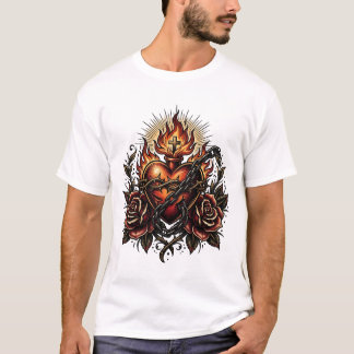 T-shirt Art de tatouage du cœur religieux sombre avec des
