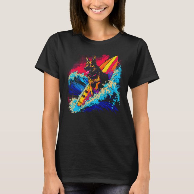 T-shirt Art German Shepherd Dog Surf Surfing (Devant)